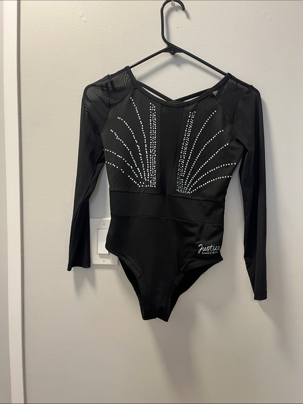 Justice Black Long Sleeve Dance Leotard with Rhinestone Burst